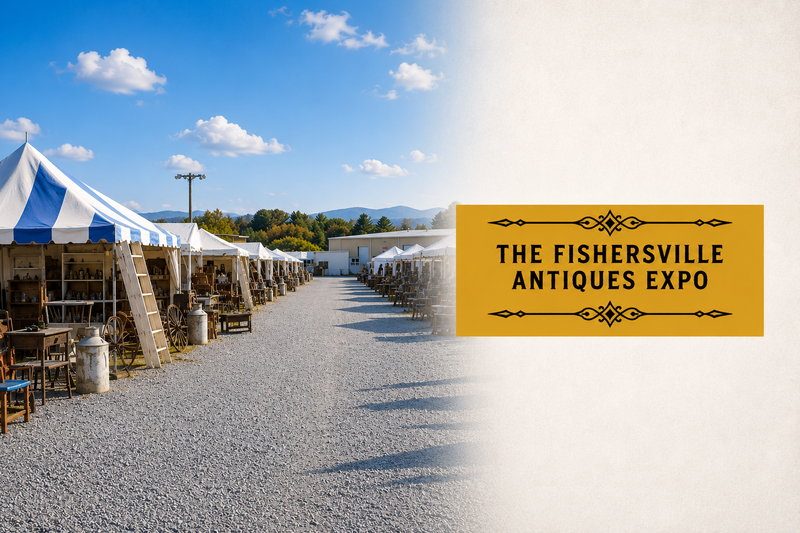 Fishersville Antiques Expo 2026 promotional banner featuring vintage market tents and antique displays in Virginia’s Shenandoah Valley.