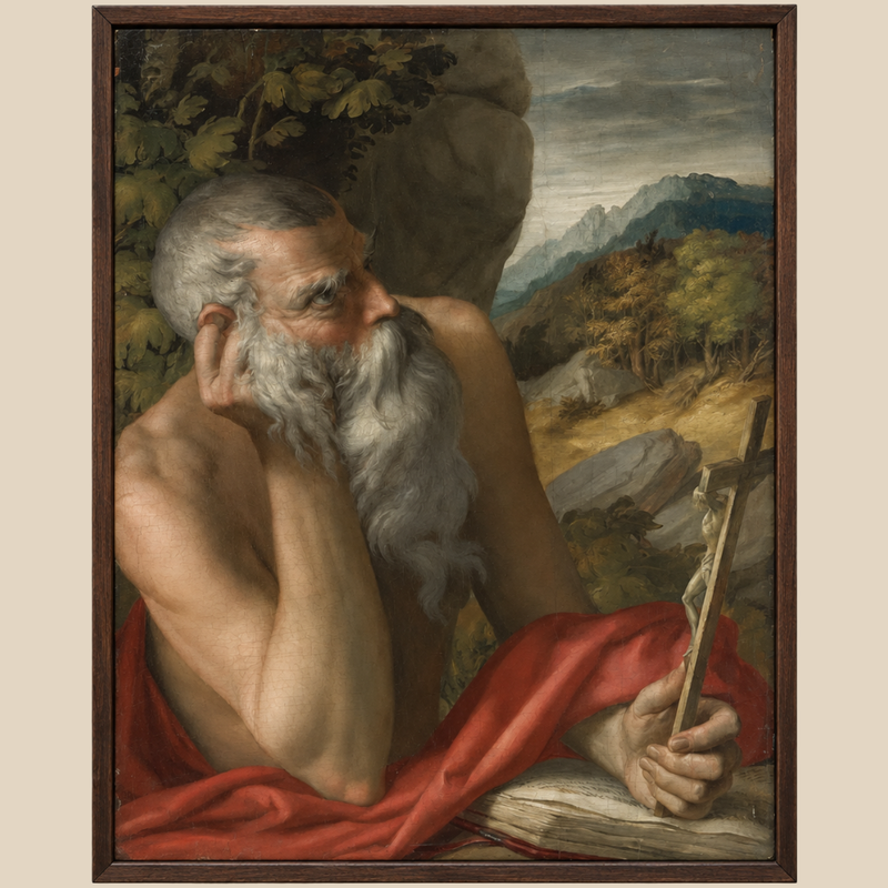 Framed Old Master-style painting of an elderly, white-bearded man studying an open book in a mountainous landscape, with red drapery across the foreground.