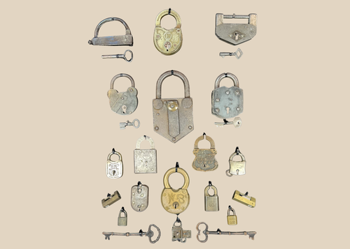 Vintage locks and keys display featuring 19th and early 20th century padlocks