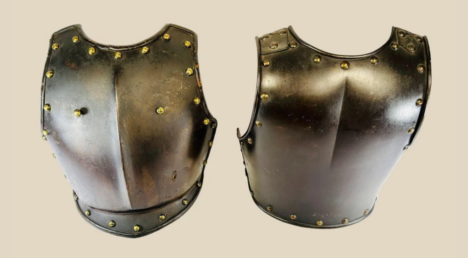 French Cuirassier brass-studded steel breastplate and backplate, 19th-century military cavalry armor shown front and reverse on beige background