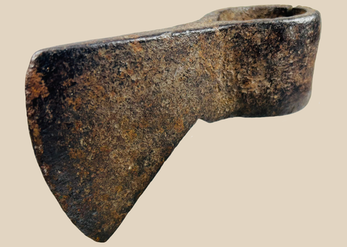 Fur Trade period forged iron trade axe head with rolled eye socket and aged patina