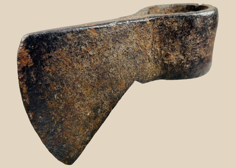 Fur Trade period forged iron trade axe head with rolled eye socket and aged patina