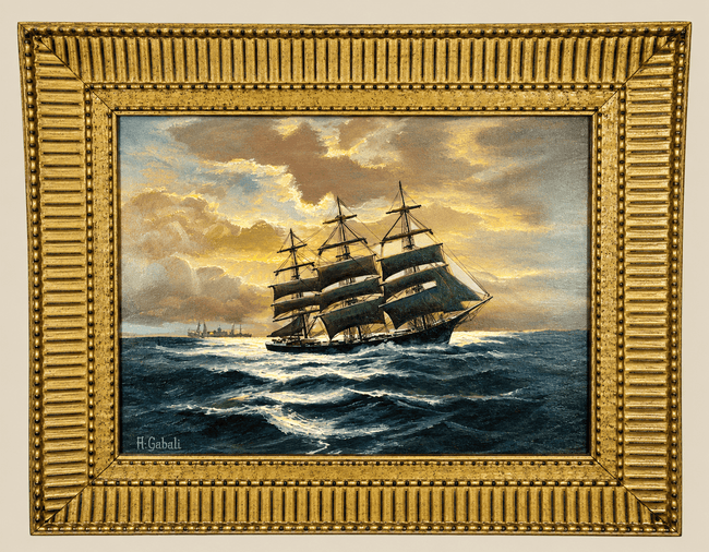Alfred Gabali (1886–1963) | Pintura marítima al óleo «Barcos que pasan en la noche» | Circa 1958 