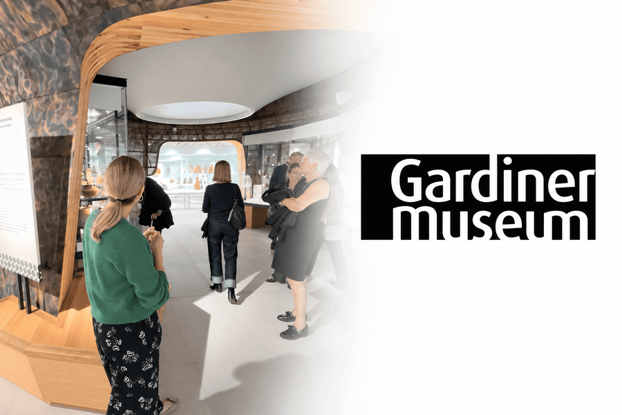 Gardiner Museum interior in Toronto during a guided ceramics tour, with the Gardiner Museum logo.
