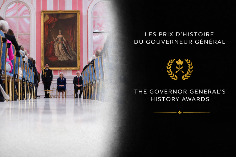 Ceremony hall for the Governor General’s History Awards in Canada with attendees seated facing a large historic portrait, alongside the official Governor General’s History Awards title and emblem.