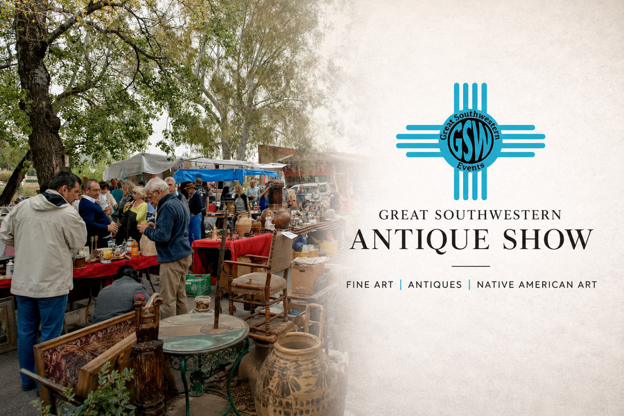 Great Southwestern Antique Show 2026 promotional graphic featuring an antiques market and the turquoise GSW Events logo.