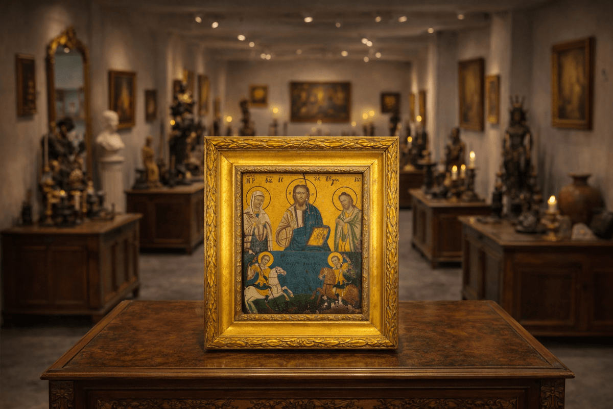 Hand-painted Greek Orthodox icon of Christ Pantocrator with saints in a gilded frame displayed on a wooden table within an antiquities gallery setting surrounded by historic artifacts and sculptures.