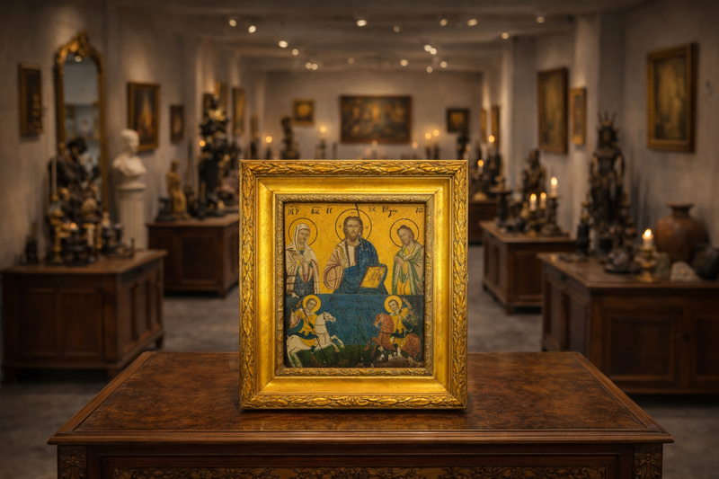 Hand-painted Greek Orthodox icon of Christ Pantocrator with saints in a gilded frame displayed on a wooden table within an antiquities gallery setting surrounded by historic artifacts and sculptures.