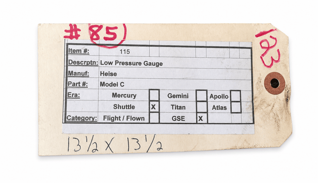Original provenance tag for a Heise Model C low-pressure gauge associated with Space Shuttle ground support equipment.
