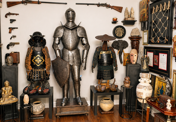 Bright, high-detail gallery display featuring a full suit of medieval armor surrounded by curated historical artifacts, including samurai armor, pottery, weapons, and cultural objects arranged in a museum-style interior.