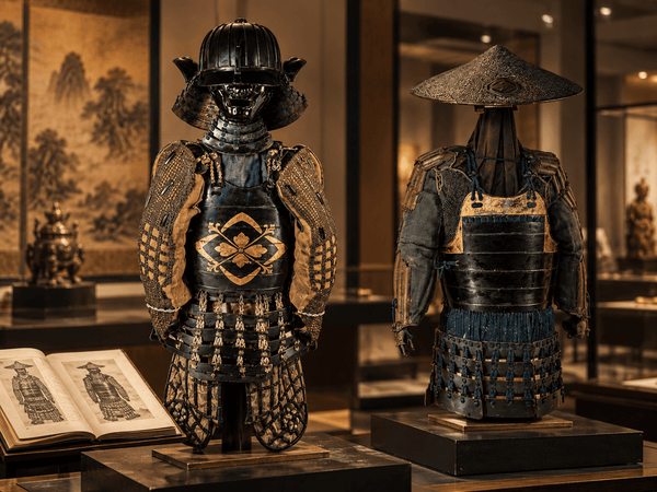 Two historic Japanese samurai armour sets displayed with reference material for historical comparison at Relic And Rarity.