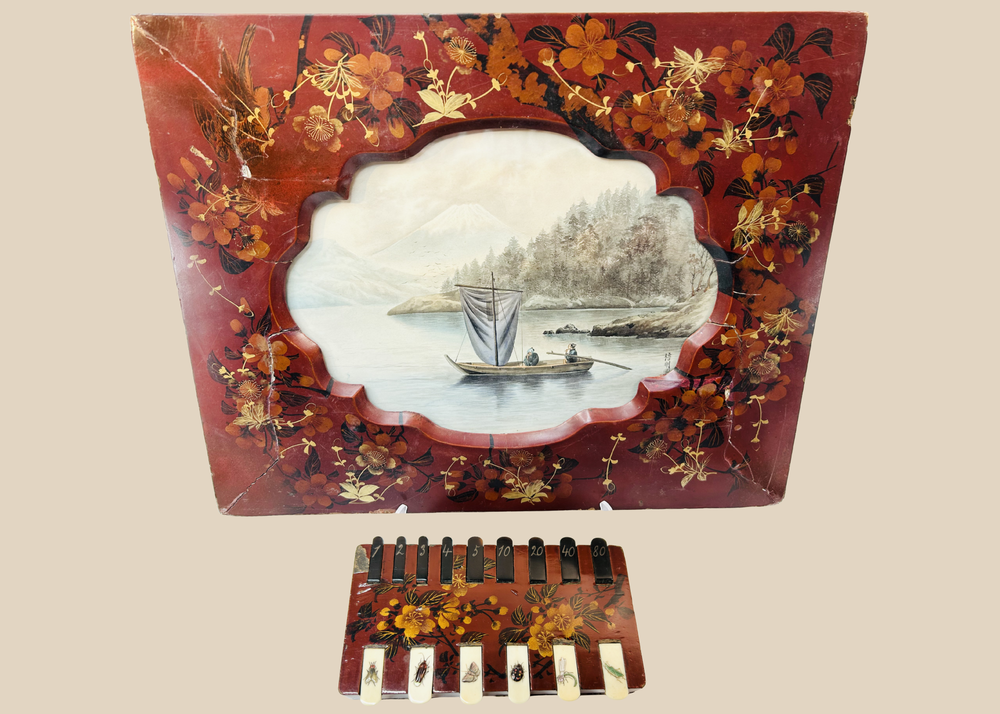 Japanese lacquer framed painting with Mount Fuji scene and Shibayama whist counter