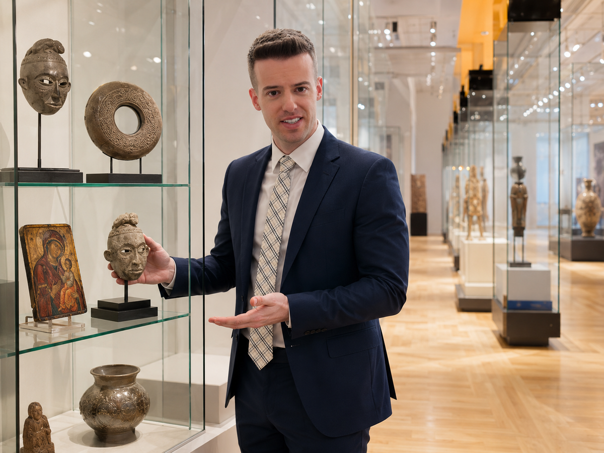 Jordan Thomas assisting with the presentation and arrangement of historical artifacts inside a modern museum gallery.