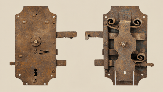 Hand-Forged Iron Door Lock with Intricate Mechanisms | Circa 18th-Century