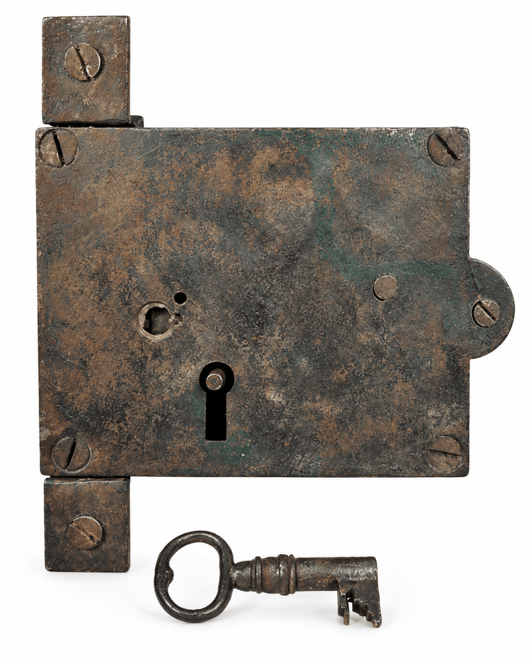 Industrial Age Door Lock with Skeleton Key | Hand-Forged Iron Mechanism | Circa 19th Century