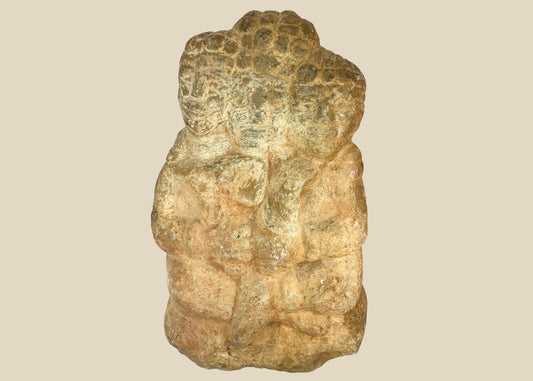 Majapahit three-faced Brahma stone sculpture, 14th–15th century Java, volcanic andesite carving from Indonesia, Hindu temple art with museum provenance