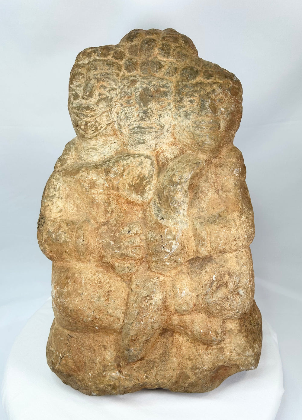 Majapahit three-faced Brahma stone sculpture, 14th–15th century Java, Indonesia — volcanic andesite Hindu temple carving depicting Brahma with serene expressions, authentic Majapahit period artifact with natural patina.