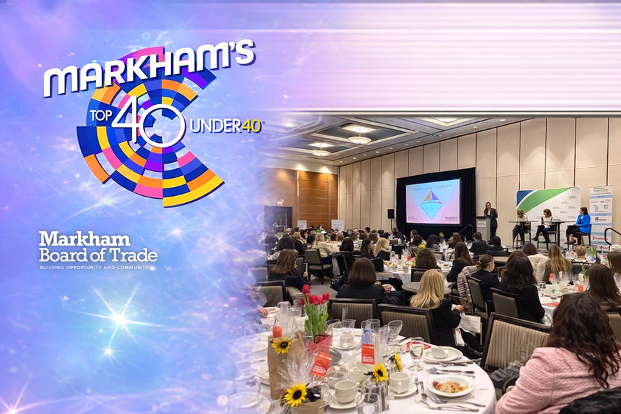 Markham Top 40 Under 40 awards ceremony hosted by the Markham Board of Trade with audience seated at banquet tables during the event presentation.