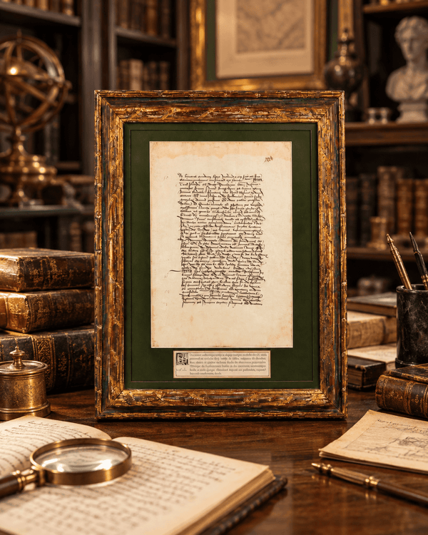 Framed medieval French manuscript displayed with historical books and research materials for documentation at Relic And Rarity.