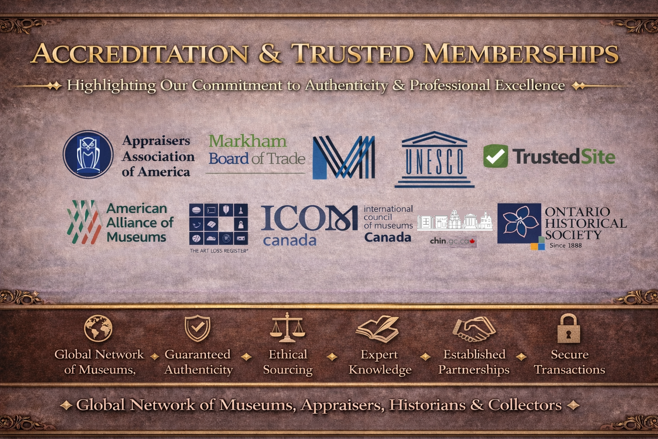 Banner displaying Relic & Rarity’s professional accreditations and memberships, including museum and heritage organizations, highlighting authenticity, ethical sourcing, expert knowledge, and secure transactions within a global network of museums and collectors.