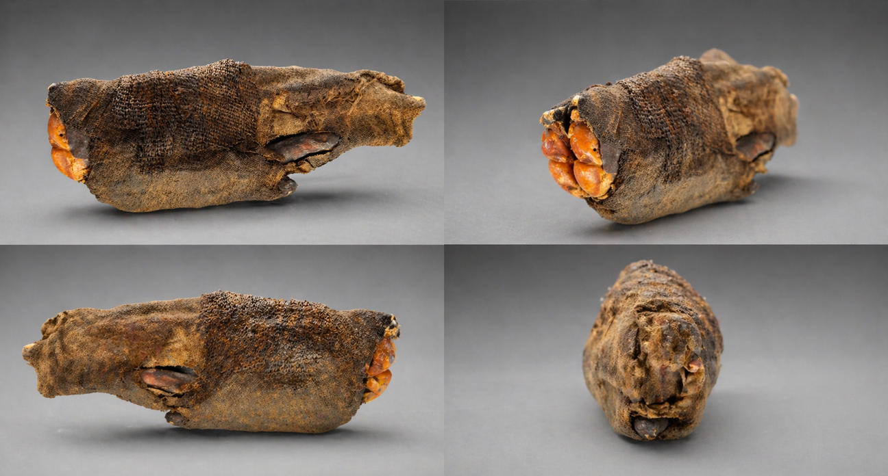 Studio image showing multiple angles of a mummified human hand wrapped in aged textile, highlighting preserved structure, exposed bone fragments, and detailed surface texture against a neutral background.