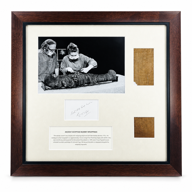 Front view of framed Egyptian mummy-wrapping fragments with a historic photograph, handwritten inscription and identification panel.