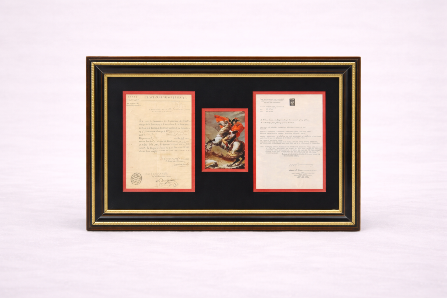 Framed 1795 Napoleon Bonaparte signed letter with accompanying portrait and historical documentation displayed in black and gold frame on white background.