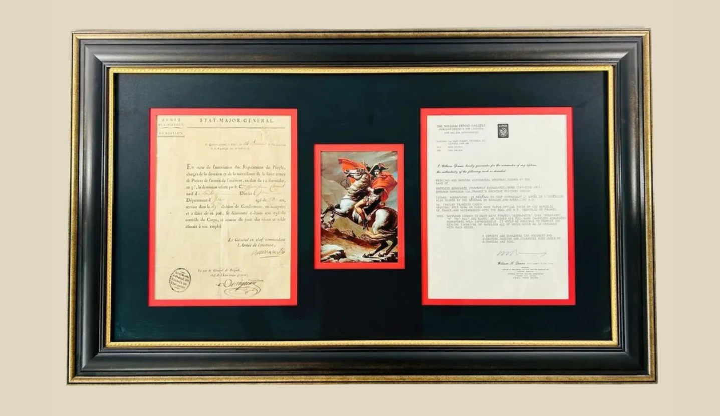 Framed Napoleon Bonaparte signed letter with accompanying document and portrait illustration, late 18th century, displayed on beige background