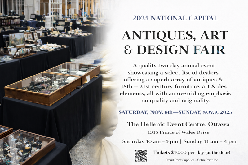 Promotional graphic for the 2025 National Capital Antiques, Art & Design Fair in Ottawa featuring antique display tables and event details.
