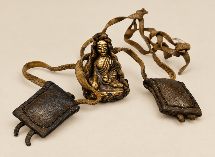 Colgante relicario tibetano antiguo | Gao budista con estuche de viaje de cuero | Circa finales del siglo XIX – principios del siglo XX