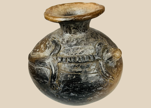 Pre-Columbian Nicoya terracotta vessel with reptilian relief figures