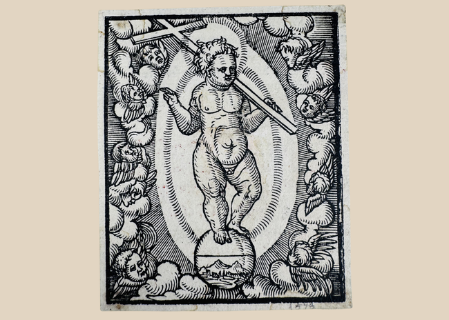Northern Renaissance woodcut depicting the Christ Child as Salvator Mundi standing upon the terrestrial orb, Germany, circa 1560–1580 CE.