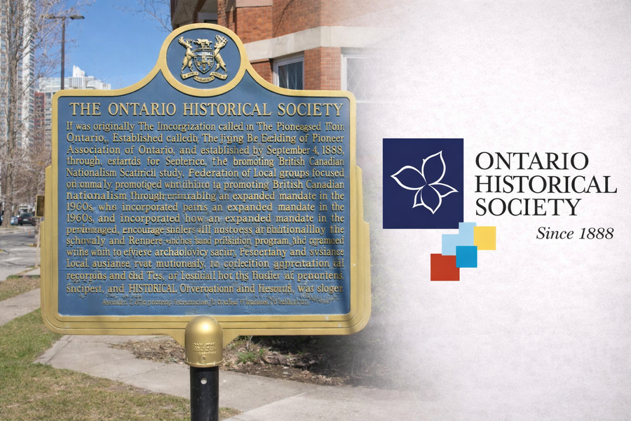 Historic Ontario Historical Society heritage plaque with the Ontario Historical Society logo representing preservation of Ontario’s cultural history since 1888.