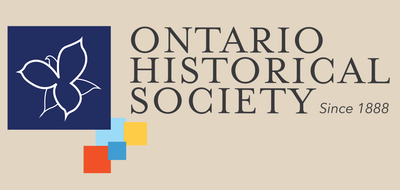 Ontario Historical Society logo featuring a white trillium emblem on a blue square with colored geometric accents and the text “Ontario Historical Society – Since 1888”.