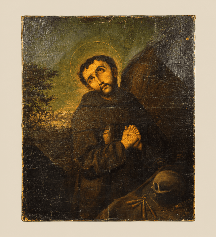 Antiguo Colonial Español | Óleo de San Francisco con Memento Mori | Circa Siglo XVIII–Principios del XIX