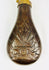 Mid-19th century American copper powder flask with embossed stand of arms motif featuring cannon, U.S. flags, and crossed rifles, brass spout and spring cut-off, Civil War era.