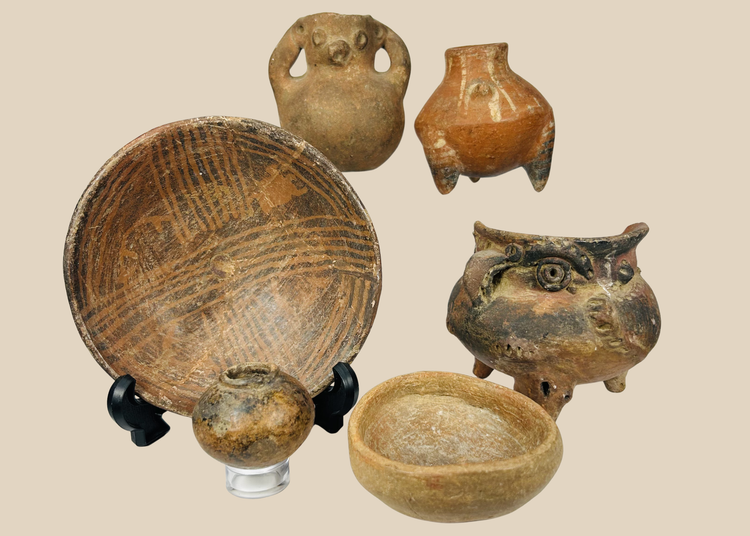 Pre-Columbian ceramic artifact collection featuring six vessels including effigy forms and painted pottery