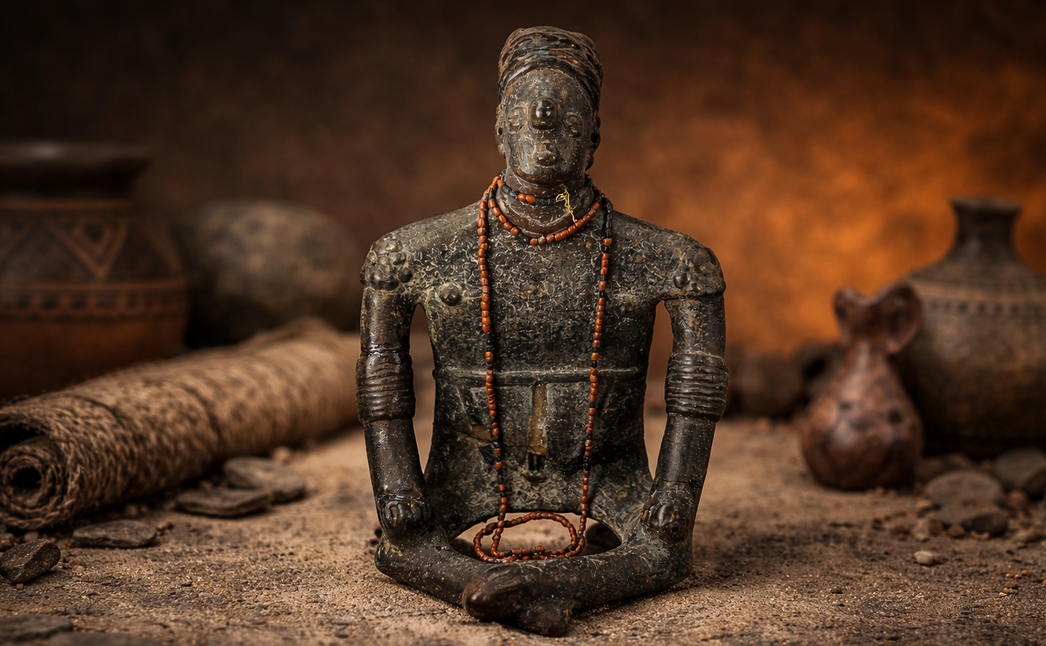 Alt Text (SEO optimized):
Pre-Columbian seated shaman figure from the Nayarit culture of West Mexico with red bead necklace displayed among ancient artifacts and pottery.