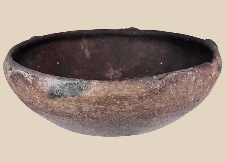 Ancient Pre-Columbian terracotta bowl with raised rim lugs and dark burnished surface