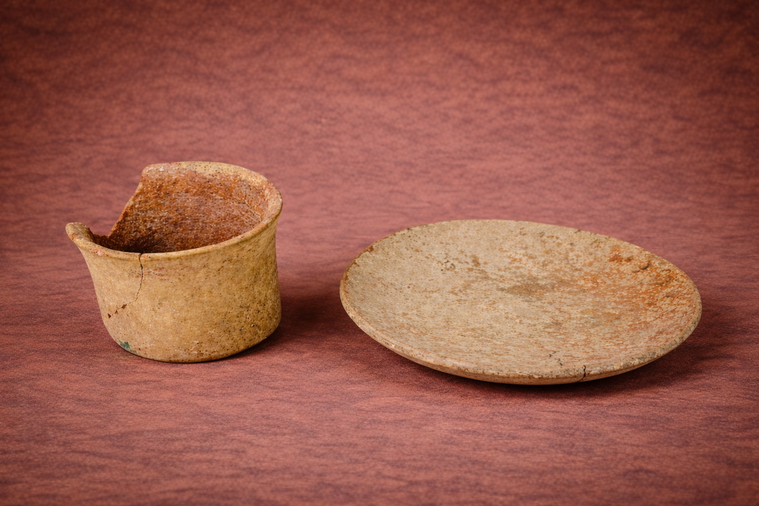 Prehistoric ceramic cup and shallow plate with aged surface patina displayed on a neutral background