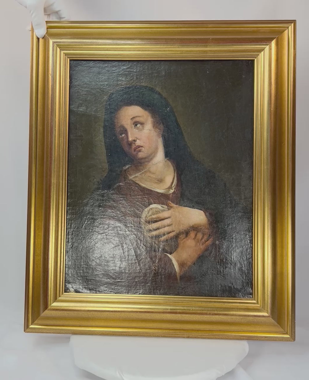 18th-century European oil painting of the Virgin Mary, shown in sorrowful devotion with upward gaze, red garment, dark mantle, and chiaroscuro background.