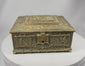 Video showcasing Belgian Renaissance Revival gilt bronze cigar box with detailed relief panels interior plaque and hinged lid functionality
