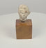 Video of an ancient terracotta head fragment on a wooden base, showing youthful facial features, sculpted hair, and a weathered surface.