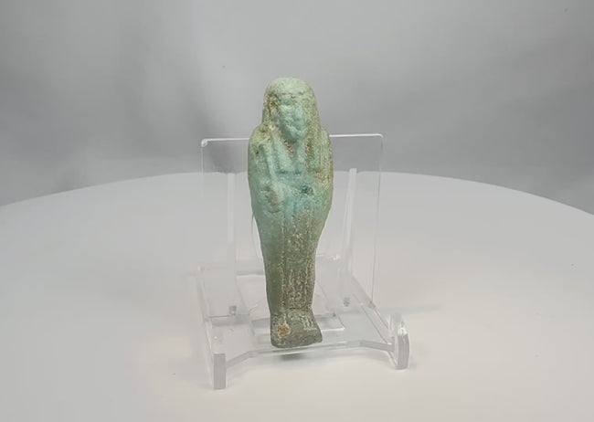 360-degree rotating video of an ancient Egyptian inscribed blue-green faience ushabti dating circa 600–30 BCE