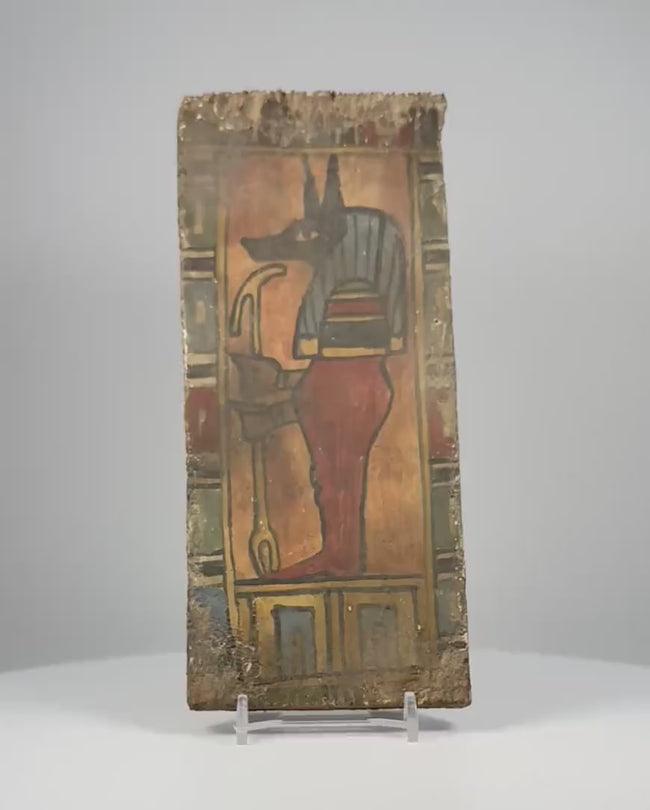 Video showcasing an ancient Egyptian Ptolemaic painted wooden funerary panel depicting Duamutef, one of the Four Sons of Horus, highlighting the jackal-headed deity, striped headdress, reddish-brown mummiform body, ochre-orange background, surviving polychrome pigments, geometric borders, and exposed wooden reverse.