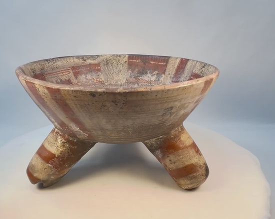 Full 360 spin of ancient Mesoamerican terracotta tripod vessel with hollow legs