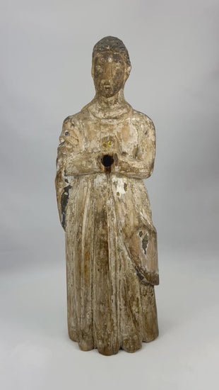 360-degree view of an 18th-century Spanish carved wooden Santos figure showing expressive facial detail, worn polychrome traces, aged patina, and devotional historical character