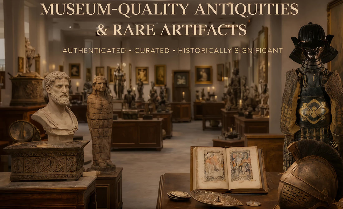 Museum-style gallery interior displaying ancient artifacts, sculptures, manuscripts, and historical relics curated by Relic & Rarity.