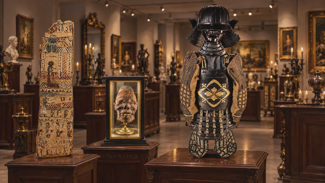 Relic And Rarity gallery display featuring Japanese samurai armor, an ancient Egyptian painted coffin fragment, and a 19th-century mummified head.