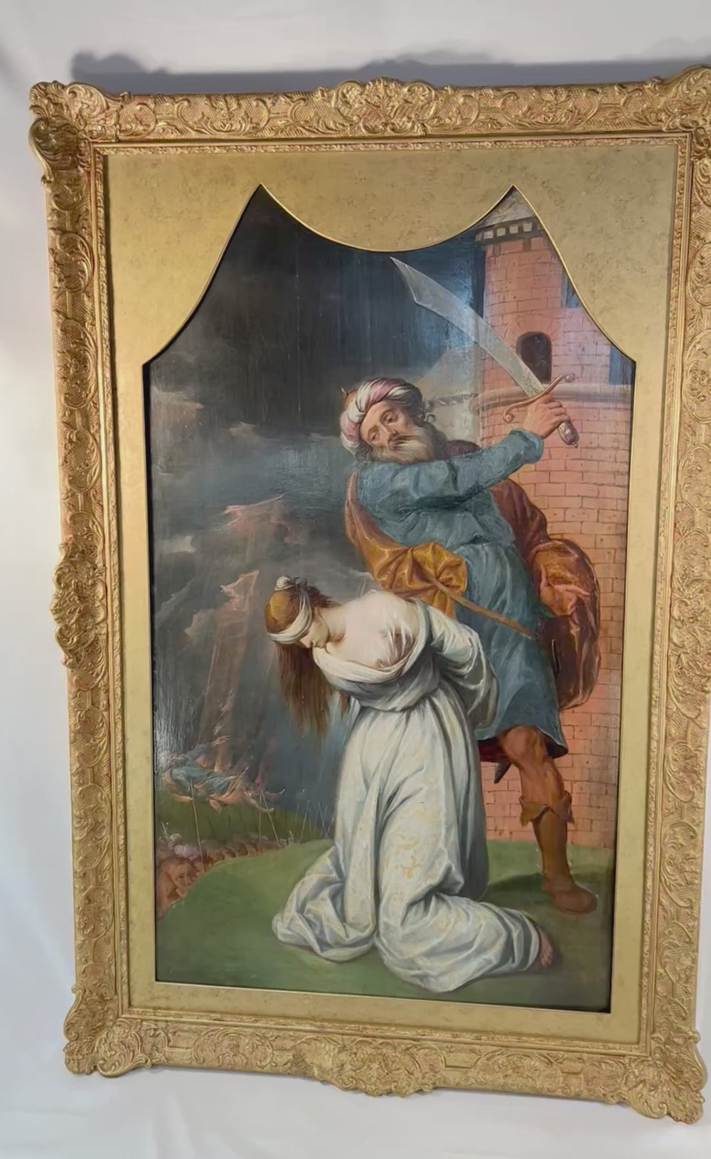 360-degree view of an 18th century Italian School oil painting depicting the Martyrdom of St. Catherine of Alexandria, showing expressive figures, dramatic composition, and ornate gilt frame detail.